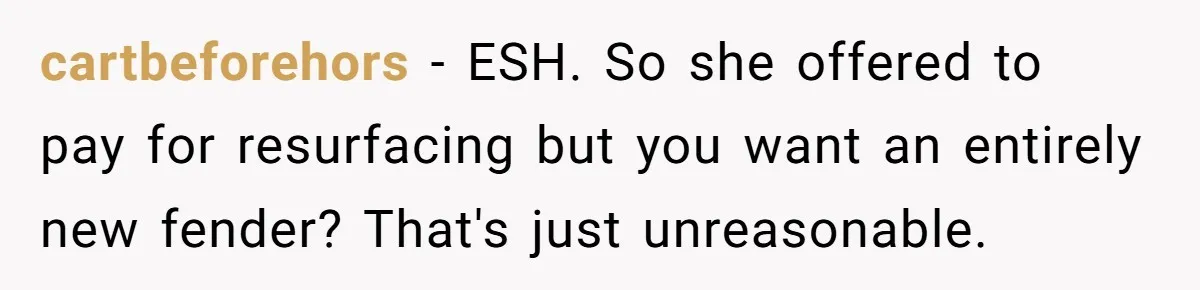 cartbeforehors − ESH. So she offered to pay for resurfacing but you want an entirely new fender? That's just unreasonable.