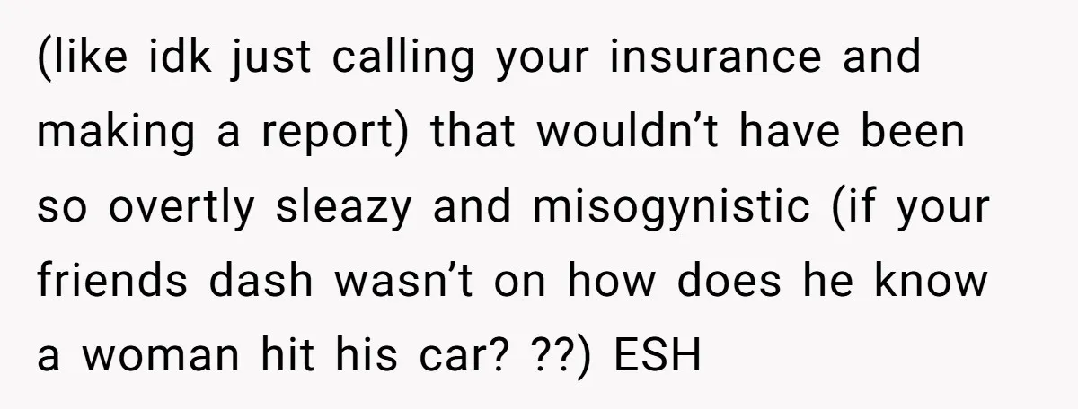 (like idk just calling your insurance and making a report) that wouldn’t have been so overtly sleazy and misogynistic (if your friends dash wasn’t on how does he know a...