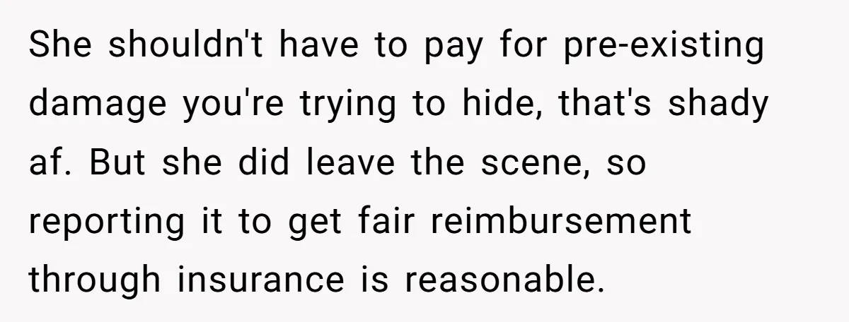 She shouldn't have to pay for pre-existing damage you're trying to hide, that's shady af. But she did leave the scene, so reporting it to get fair reimbursement through insurance...