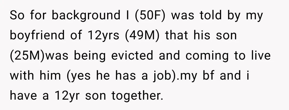 So for background I (50F) was told by my boyfriend of 12yrs (49M) that his son (25M)was being evicted and coming to live with him (yes he has a job).my...