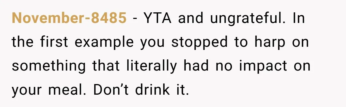November-8485 − YTA and ungrateful. In the first example you stopped to harp on something that literally had no impact on your meal. Don’t drink it.