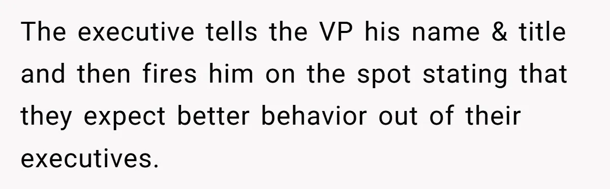 The executive tells the VP his name & title and then fires him on the spot stating that they expect better behavior out of their executives.