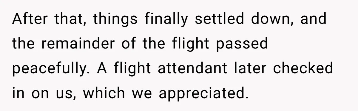 After that, things finally settled down, and the remainder of the flight passed peacefully. A flight attendant later checked in on us, which we appreciated.