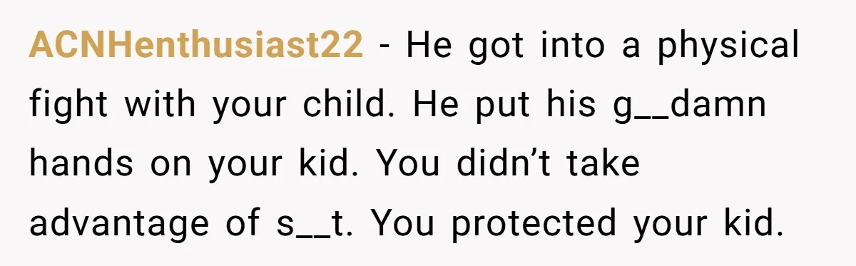 ACNHenthusiast22 − He got into a physical fight with your child. He put his g__damn hands on your kid. You didn’t take advantage of s__t. You protected your kid.