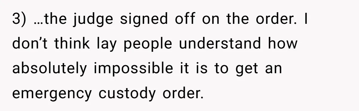 3) …the judge signed off on the order. I don’t think lay people understand how absolutely impossible it is to get an emergency custody order.
