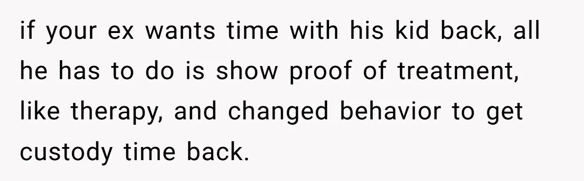 if your ex wants time with his kid back, all he has to do is show proof of treatment, like therapy, and changed behavior to get custody time back.