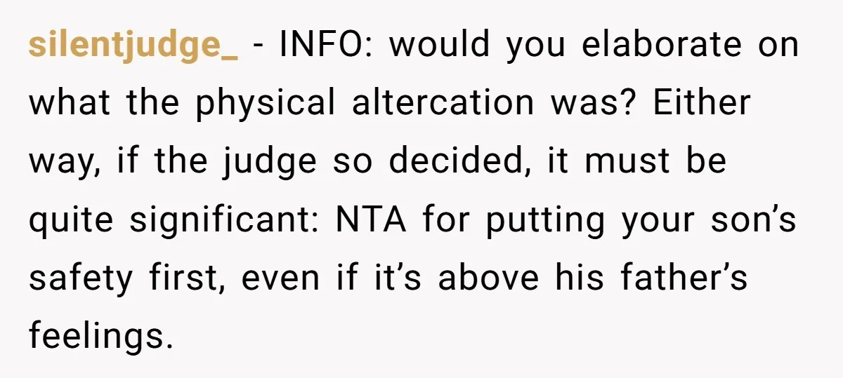 silentjudge_ − INFO: would you elaborate on what the physical altercation was? Either way, if the judge so decided, it must be quite significant: NTA for putting your son’s safety...