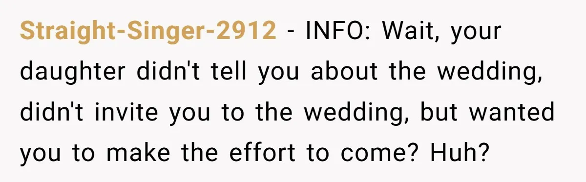 Straight-Singer-2912 − INFO: Wait, your daughter didn't tell you about the wedding, didn't invite you to the wedding, but wanted you to make the effort to come? Huh?