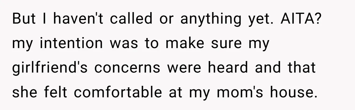 But I haven't called or anything yet. AITA? my intention was to make sure my girlfriend's concerns were heard and that she felt comfortable at my mom's house.