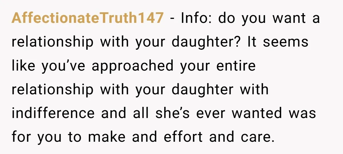 AffectionateTruth147 − Info: do you want a relationship with your daughter? It seems like you’ve approached your entire relationship with your daughter with indifference and all she’s ever wanted was...