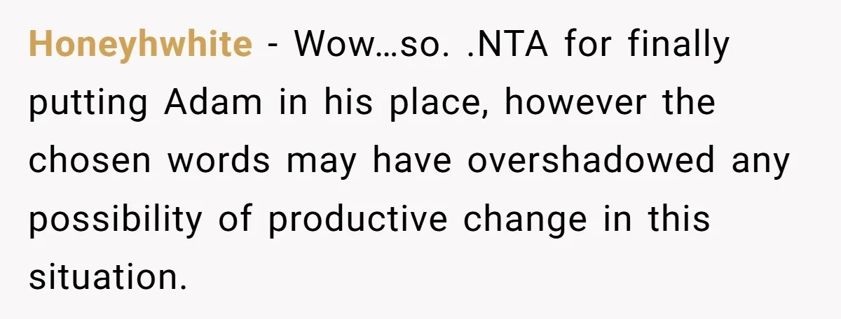 Honeyhwhite - Wow…so. .NTA for finally putting Adam in his place, however the chosen words may have overshadowed any possibility of productive change in this situation.