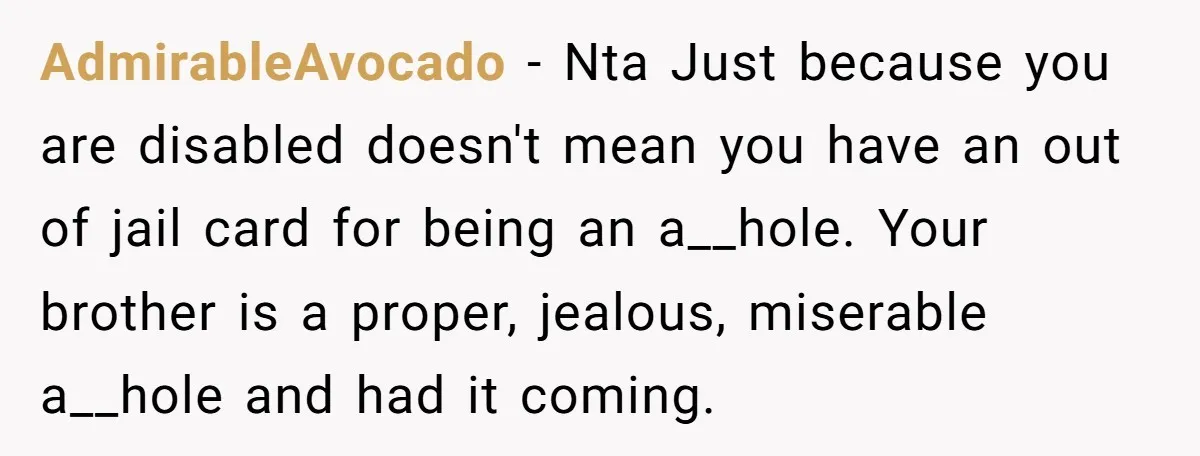 AdmirableAvocado - Nta Just because you are disabled doesn't mean you have an out of jail card for being an a__hole. Your brother is a proper, jealous, miserable a__hole and...