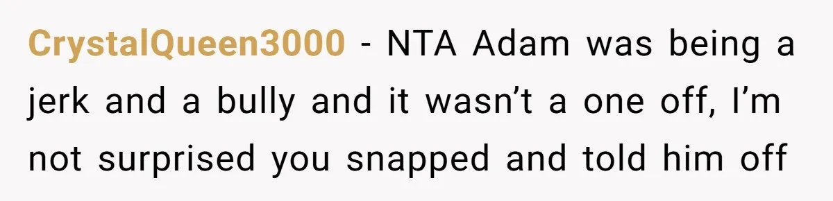 CrystalQueen3000 - NTA Adam was being a jerk and a bully and it wasn’t a one off, I’m not surprised you snapped and told him off