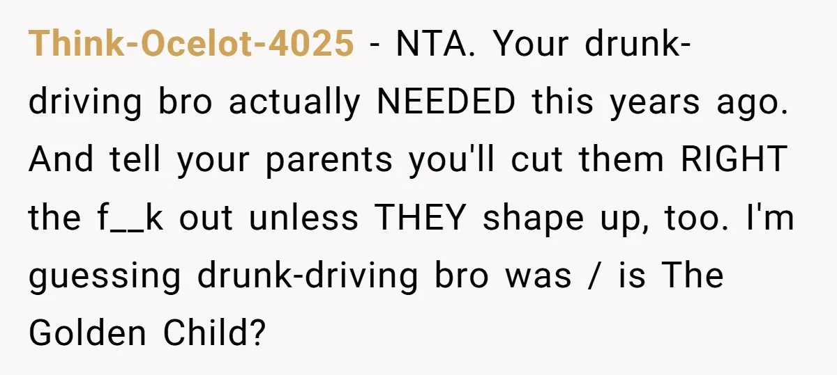 Think-Ocelot-4025 - NTA. Your drunk-driving bro actually NEEDED this years ago. And tell your parents you'll cut them RIGHT the f__k out unless THEY shape up, too. I'm guessing drunk-driving...