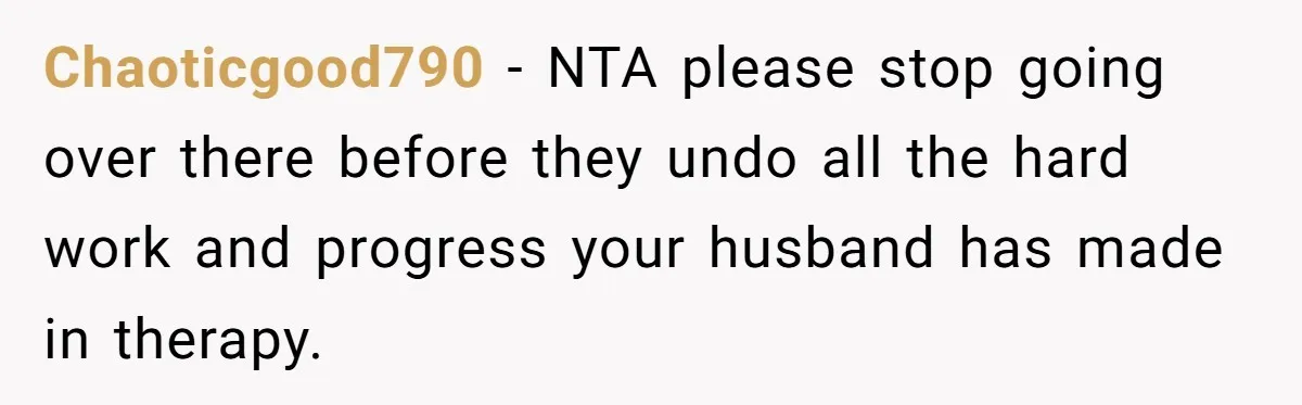 Chaoticgood790 - NTA please stop going over there before they undo all the hard work and progress your husband has made in therapy.