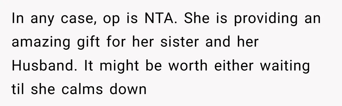 In any case, op is NTA. She is providing an amazing gift for her sister and her Husband. It might be worth either waiting til she calms down