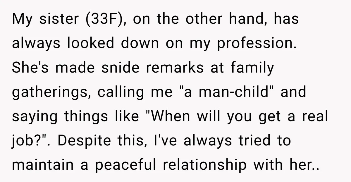 My sister (33F), on the other hand, has always looked down on my profession. She's made snide remarks at family gatherings, calling me "a man-child" and saying things like "When...