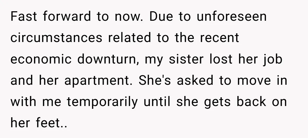 Fast forward to now. Due to unforeseen circumstances related to the recent economic downturn, my sister lost her job and her apartment. She's asked to move in with me temporarily...