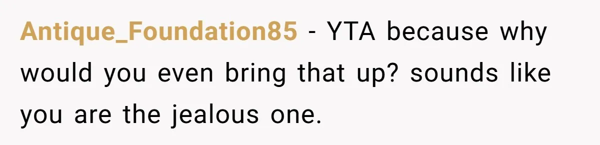 Antique_Foundation85 − YTA because why would you even bring that up? sounds like you are the jealous one.