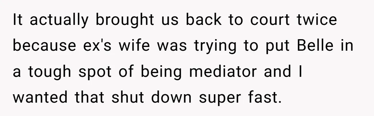 It actually brought us back to court twice because ex's wife was trying to put Belle in a tough spot of being mediator and I wanted that shut down super...