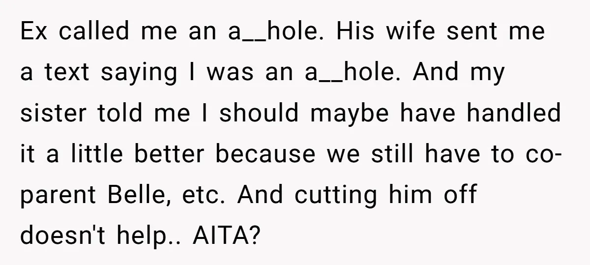 Ex called me an a__hole. His wife sent me a text saying I was an a__hole. And my sister told me I should maybe have handled it a little better...
