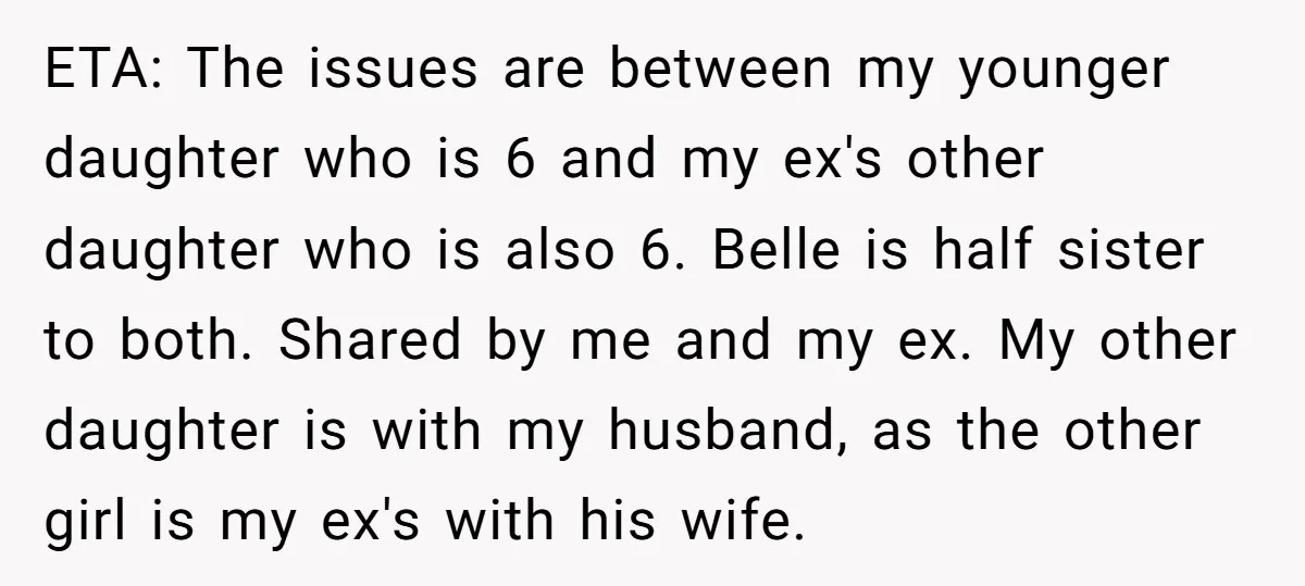 ETA: The issues are between my younger daughter who is 6 and my ex's other daughter who is also 6. Belle is half sister to both. Shared by me and...