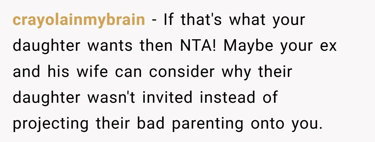 crayolainmybrain − If that's what your daughter wants then NTA! Maybe your ex and his wife can consider why their daughter wasn't invited instead of projecting their bad parenting onto...