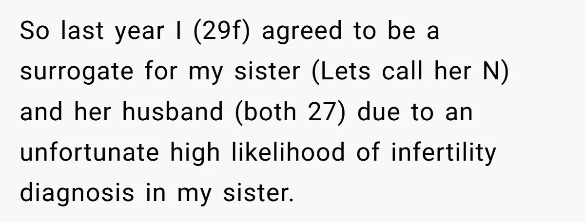 So last year I (29f) agreed to be a surrogate for my sister (Lets call her N) and her husband (both 27) due to an unfortunate high likelihood of infertility...