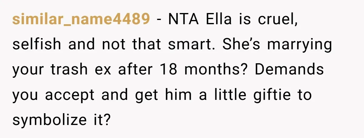 similar_name4489 − NTA Ella is cruel, selfish and not that smart. She’s marrying your trash ex after 18 months? Demands you accept and get him a little giftie to symbolize...