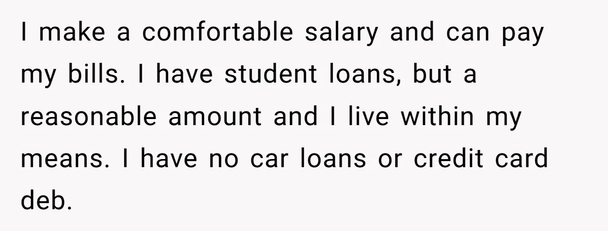 I make a comfortable salary and can pay my bills. I have student loans, but a reasonable amount and I live within my means. I have no car loans or...