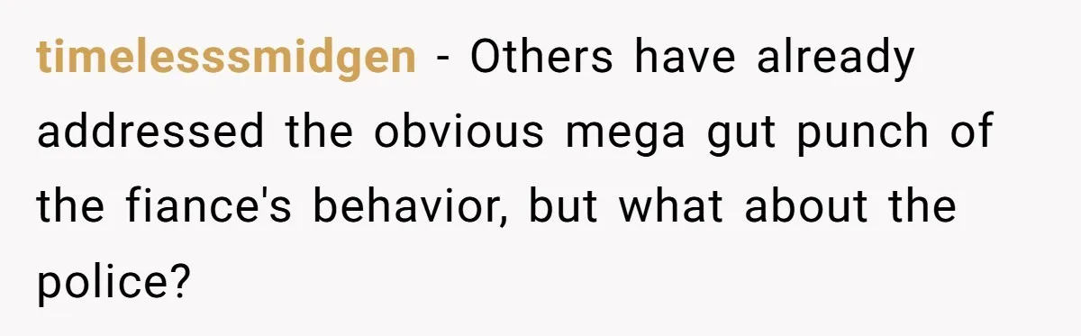 timelesssmidgen - Others have already addressed the obvious mega gut punch of the fiance's behavior, but what about the police?