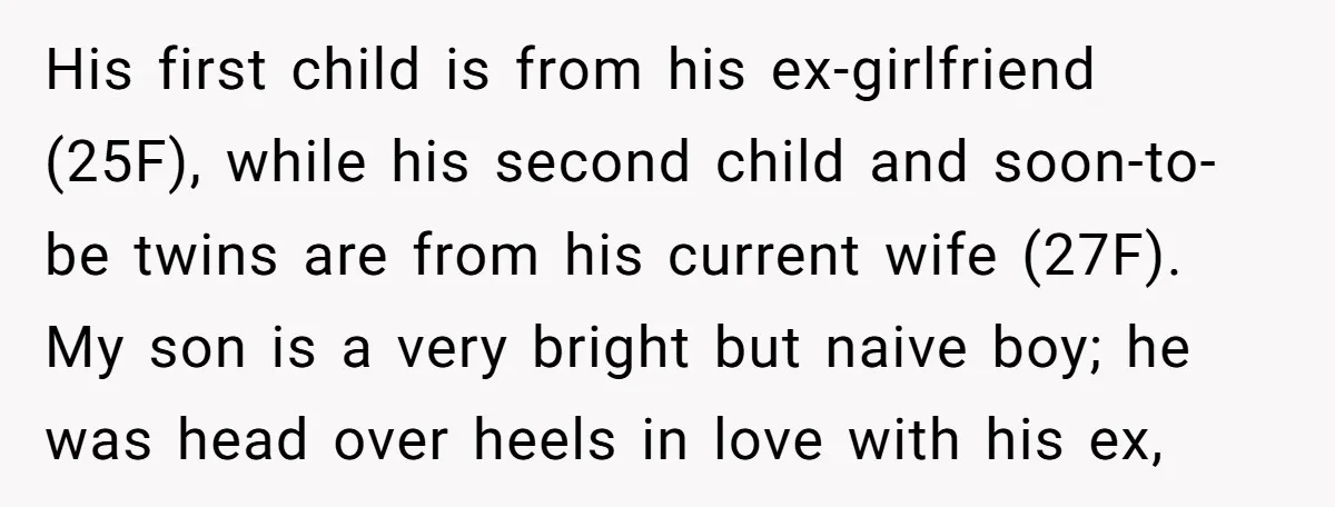 His first child is from his ex-girlfriend (25F), while his second child and soon-to-be twins are from his current wife (27F). My son is a very bright but naive boy;...