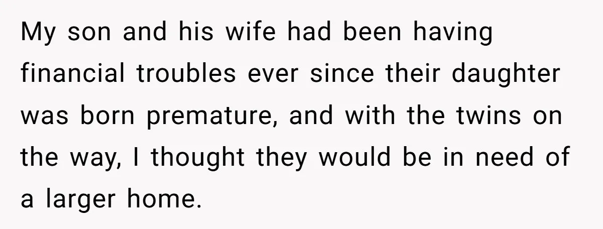 My son and his wife had been having financial troubles ever since their daughter was born premature, and with the twins on the way, I thought they would be in...