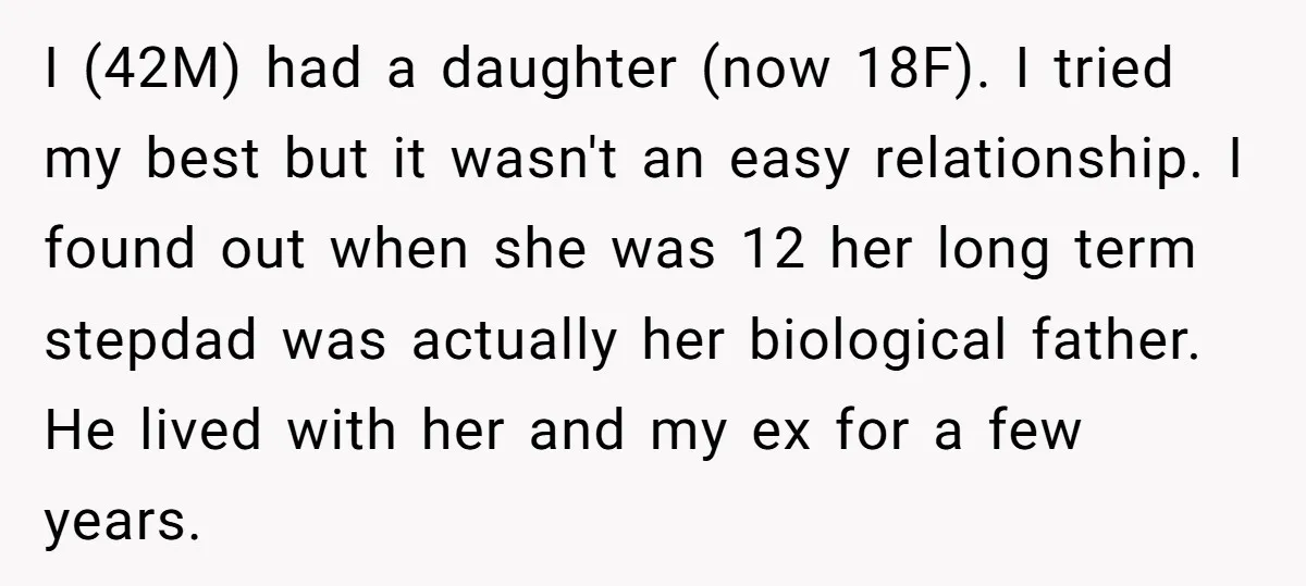 I (42M) had a daughter (now 18F). I tried my best but it wasn't an easy relationship. I found out when she was 12 her long term stepdad was actually...