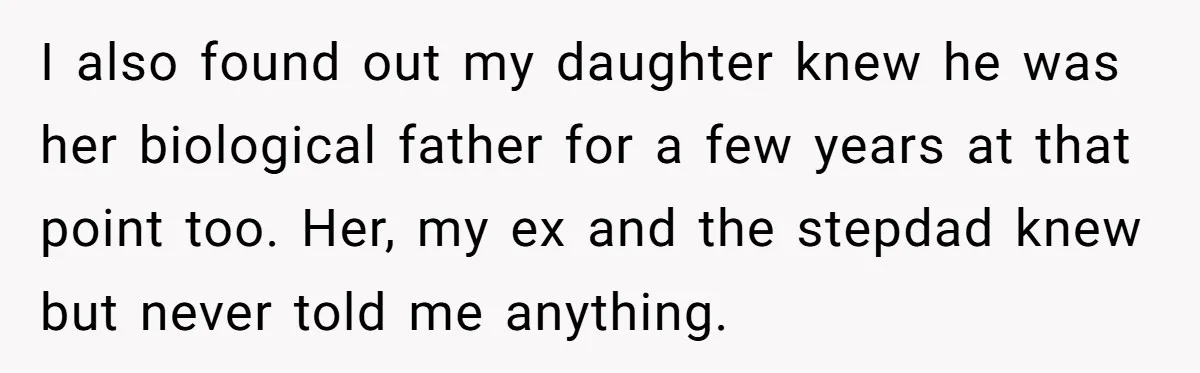I also found out my daughter knew he was her biological father for a few years at that point too. Her, my ex and the stepdad knew but never told...