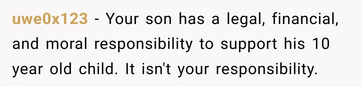 uwe0x123 − Your son has a legal, financial, and moral responsibility to support his 10 year old child. It isn't your responsibility.