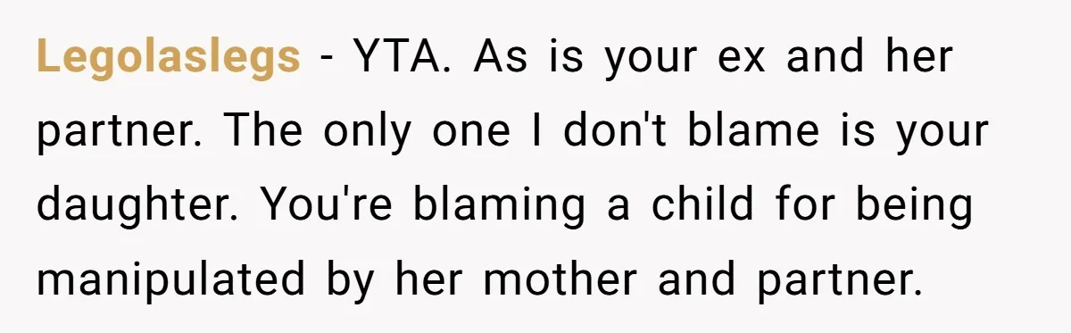 Legolaslegs − YTA. As is your ex and her partner. The only one I don't blame is your daughter. You're blaming a child for being manipulated by her mother and...