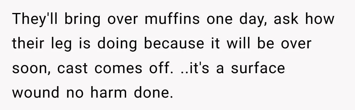 They'll bring over muffins one day, ask how their leg is doing because it will be over soon, cast comes off. ..it's a surface wound no harm done.