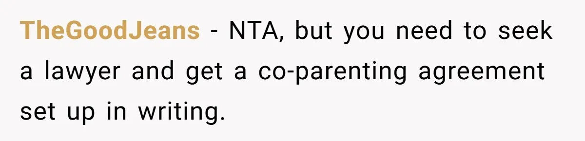 TheGoodJeans - NTA, but you need to seek a lawyer and get a co-parenting agreement set up in writing.