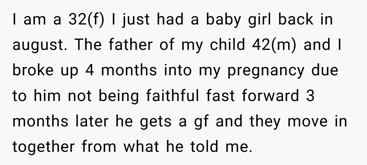 I am a 32(f) I just had a baby girl back in august. The father of my child 42(m) and I broke up 4 months into my pregnancy due to...