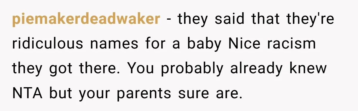 piemakerdeadwaker − they said that they're ridiculous names for a baby Nice racism they got there. You probably already knew NTA but your parents sure are.