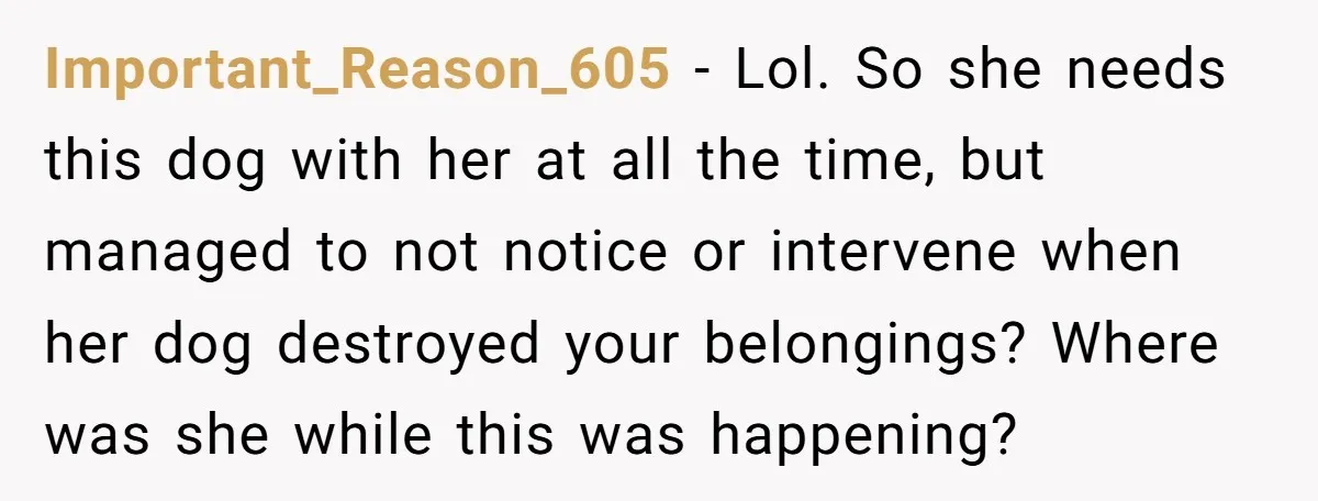 Important_Reason_605 - Lol. So she needs this dog with her at all the time, but managed to not notice or intervene when her dog destroyed your belongings? Where was she...