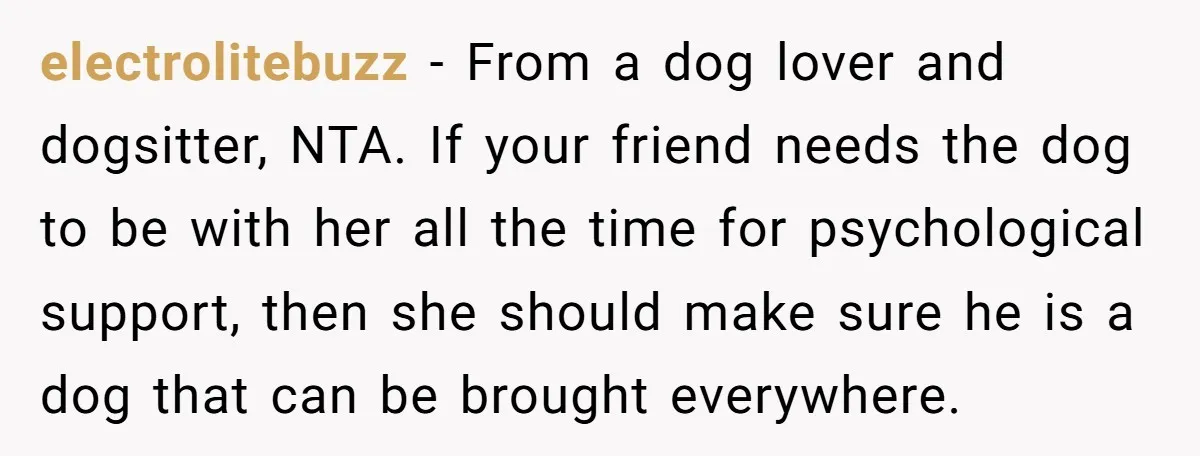 electrolitebuzz - From a dog lover and dogsitter, NTA. If your friend needs the dog to be with her all the time for psychological support, then she should make sure...