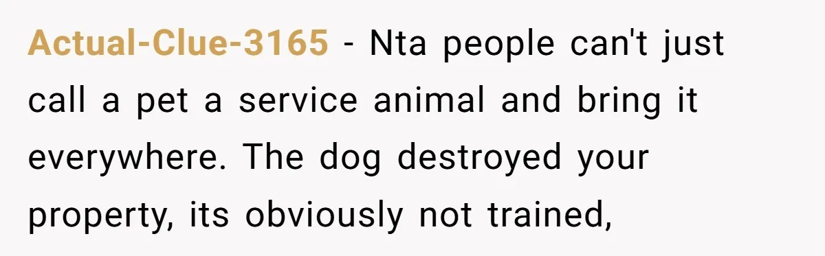Actual-Clue-3165 - Nta people can't just call a pet a service animal and bring it everywhere. The dog destroyed your property, its obviously not trained,