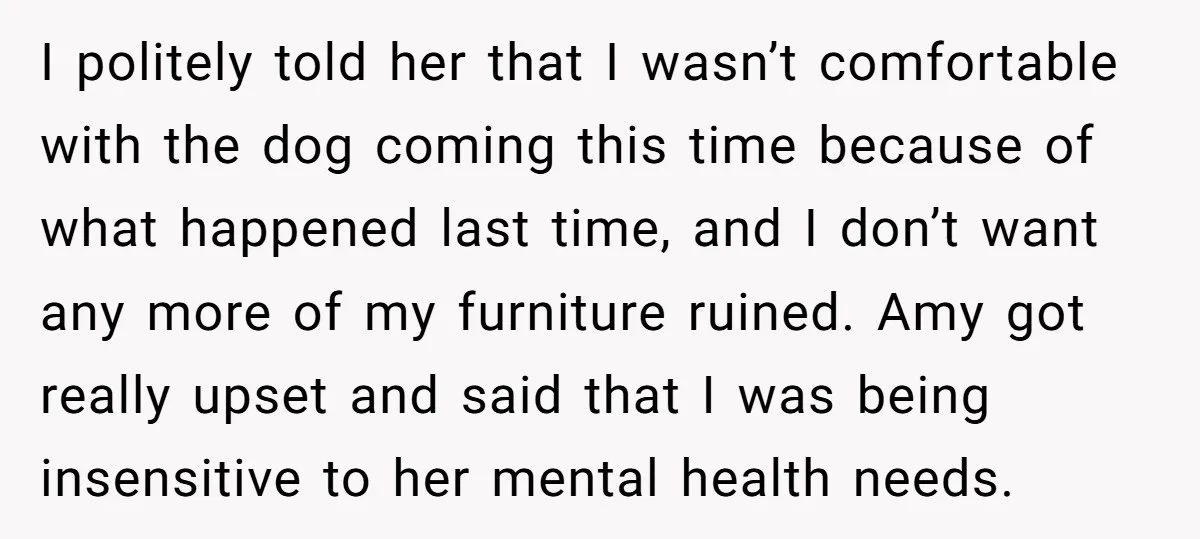 I politely told her that I wasn’t comfortable with the dog coming this time because of what happened last time, and I don’t want any more of my furniture ruined....