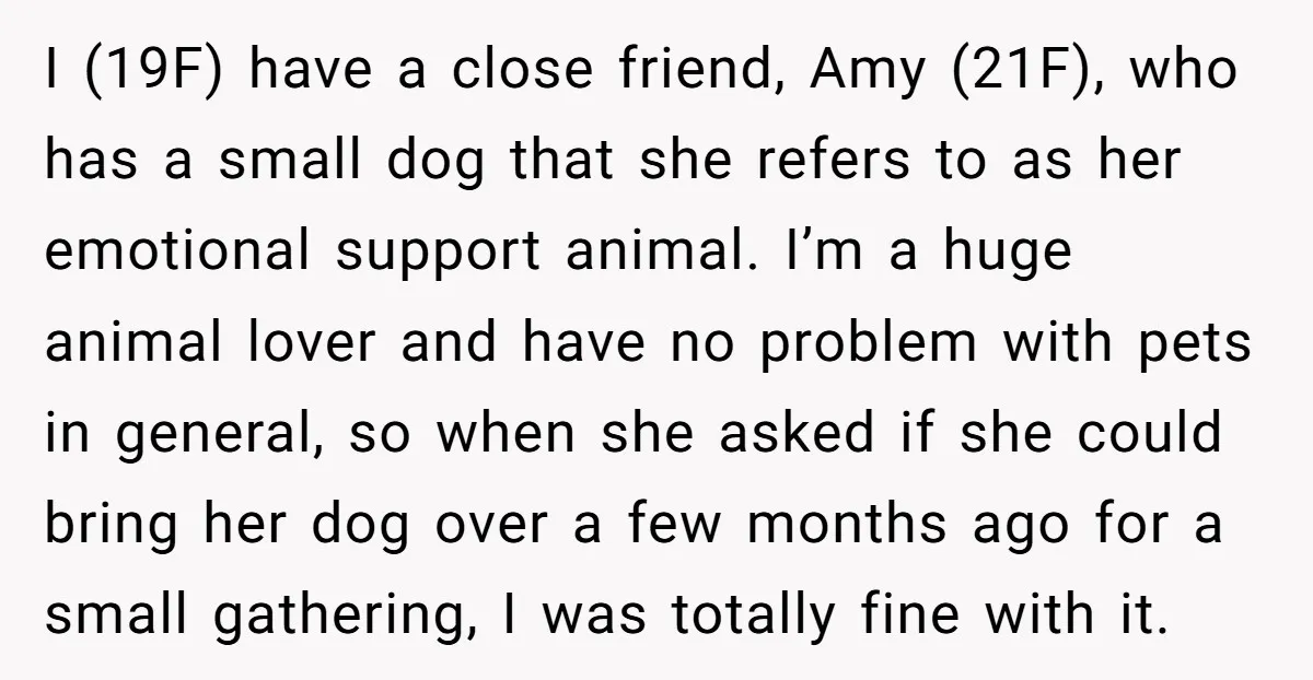 I (19F) have a close friend, Amy (21F), who has a small dog that she refers to as her emotional support animal. I’m a huge animal lover and have no...