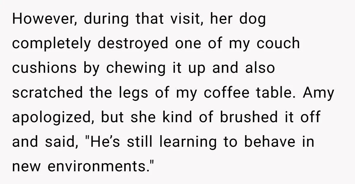 However, during that visit, her dog completely destroyed one of my couch cushions by chewing it up and also scratched the legs of my coffee table. Amy apologized, but she...