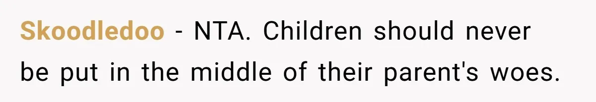 Skoodledoo - NTA. Children should never be put in the middle of their parent's woes.