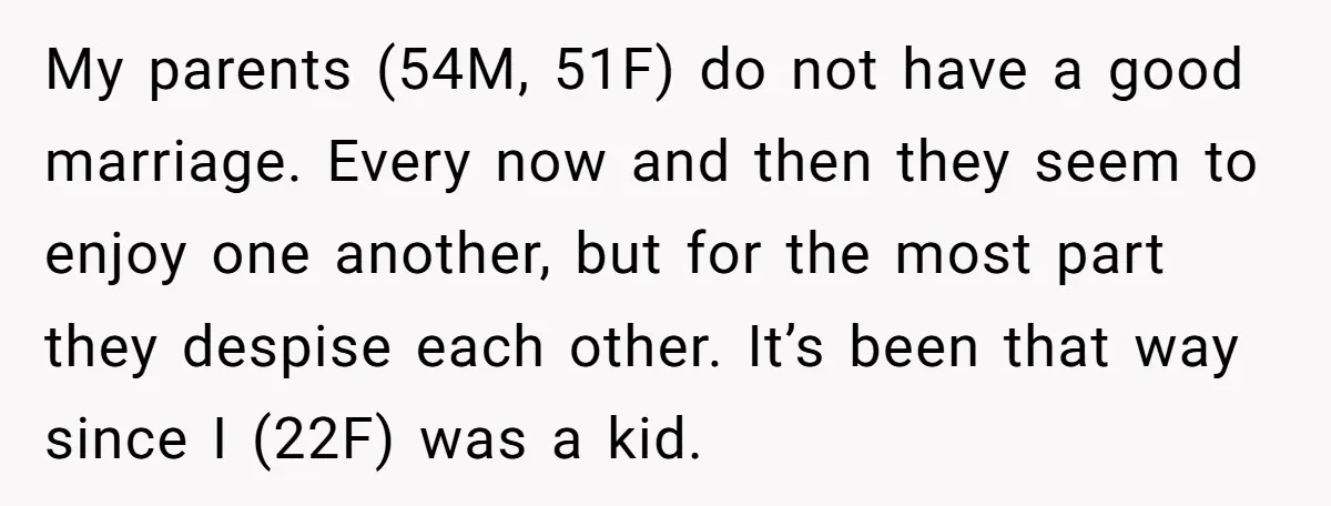 My parents (54M, 51F) do not have a good marriage. Every now and then they seem to enjoy one another, but for the most part they despise each other. It’s...