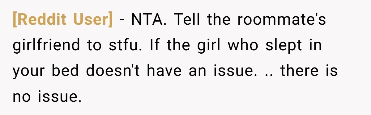 [Reddit User] − NTA. Tell the roommate's girlfriend to stfu. If the girl who slept in your bed doesn't have an issue. .. there is no issue.